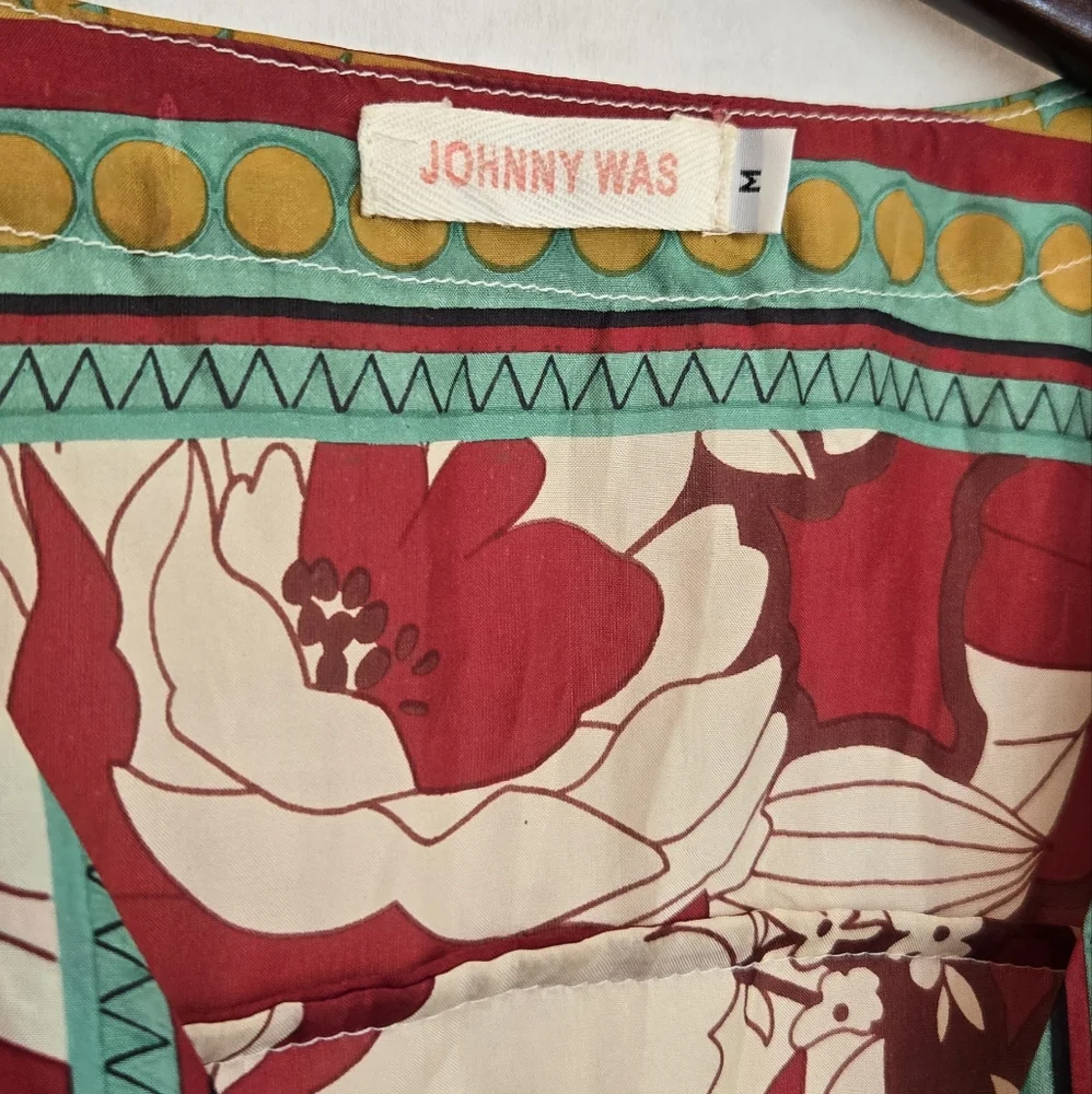 Johnny Was Red Floral Silk Blouse with Cream Print and Green Trim - Picture 3 of 11